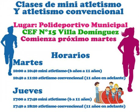 Clases de miniatletismo y atletismo convencional en el Polideportivo de Villa Dominguez