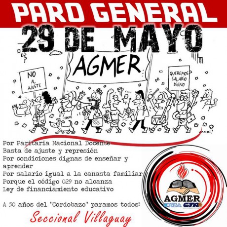 AGMER ADHIERE AL PARO GENERAL DEL 29 DE MAYO