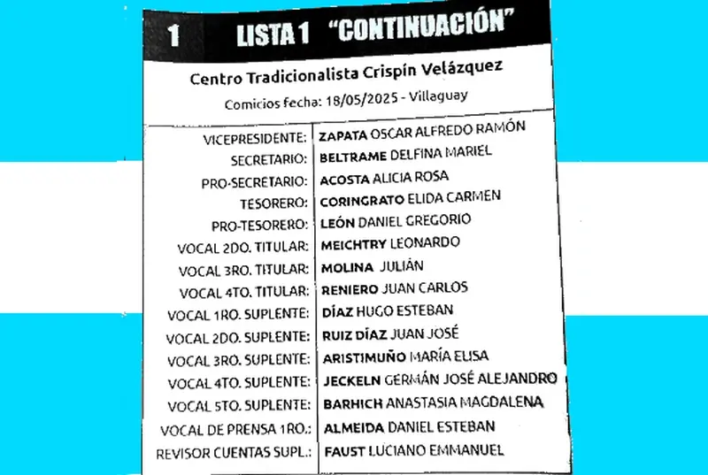 Elecciones en el Centro Tradicionalista Crispn Velzquez: Proponen votar la lista N1 Continuacin