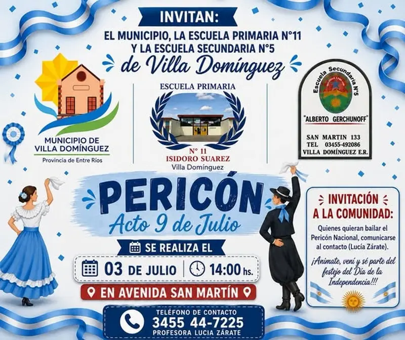 El municipio de Villa Dom�nguez, las escuelas 11 y N�5 Invitan participar del baile del peric�n nacional