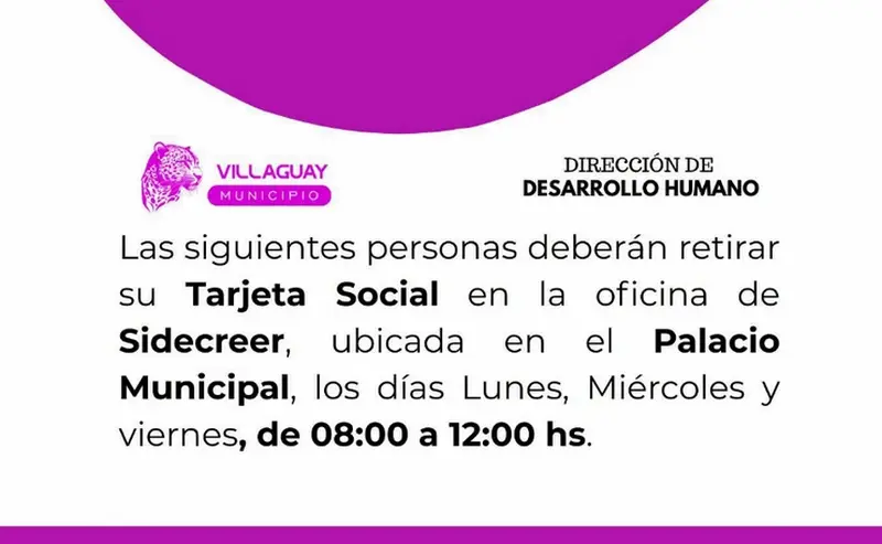 Direcci�n de Desarrollo Humano convoca a las personas que deber�n retirar su Tarjeta SIDECREER Social