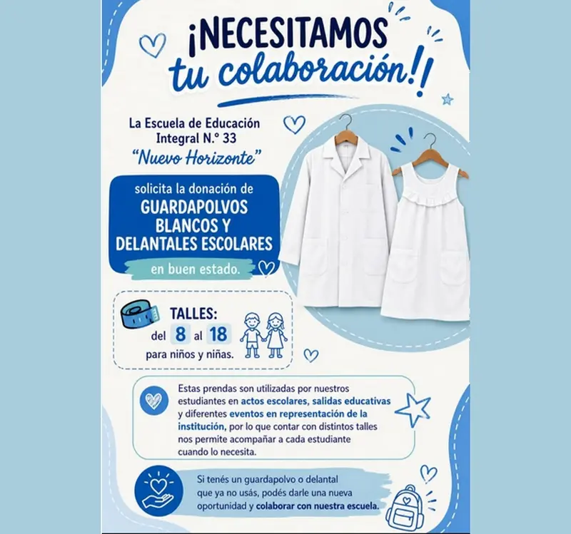 Escuela de Educaci�n integral N�33, Nuevo Horizonte, necesita guardapolvos blancos y delantales