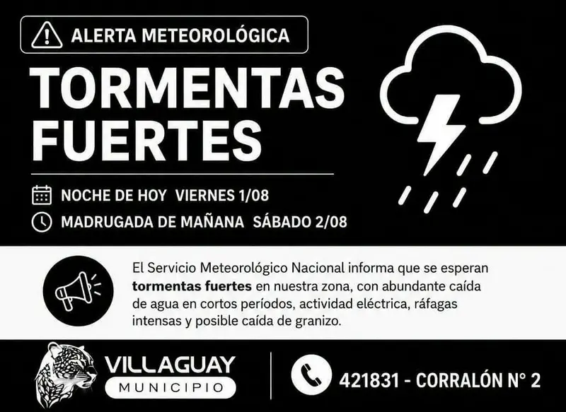Pron�stico de tormentas: La Municipalidad de Villaguay recomienda tomar algunas medidas preventivas y de cuidado