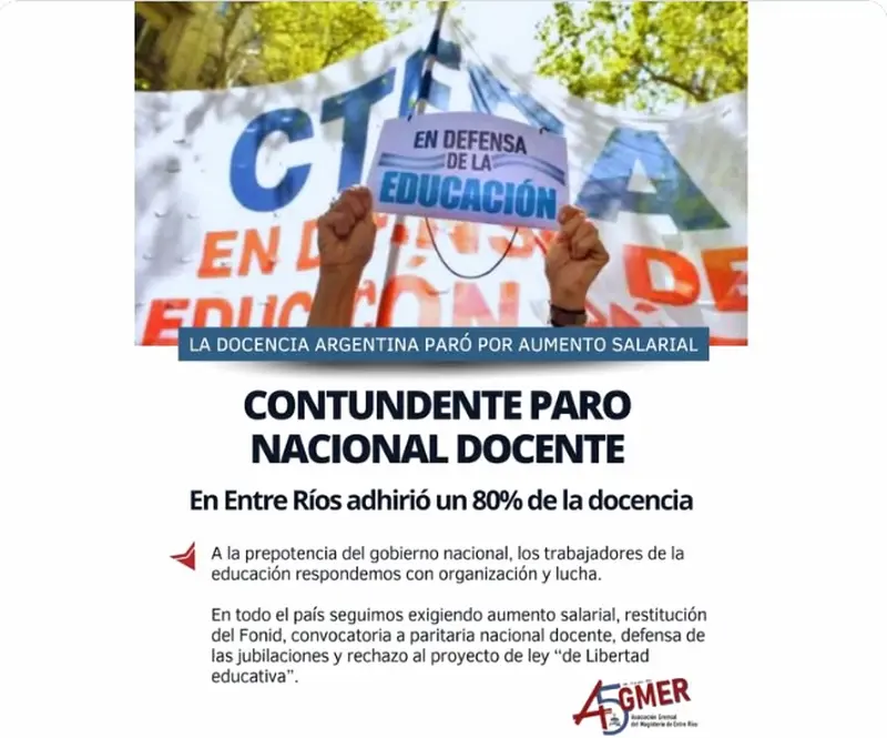 Contundente paro nacional docente: En Entre R�os adhiri� un 80% de la docencia