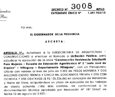 Bordet firmó el decreto para la licitación por más de 90 millones para la residencia de mujeres en la escuela Urquiza