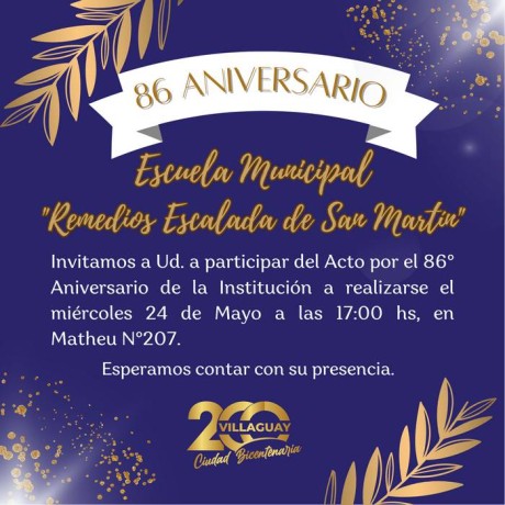 La Municipalidad invita a participar del acto por los 86 aos de la Escuela Remedios Escalada de San Martn