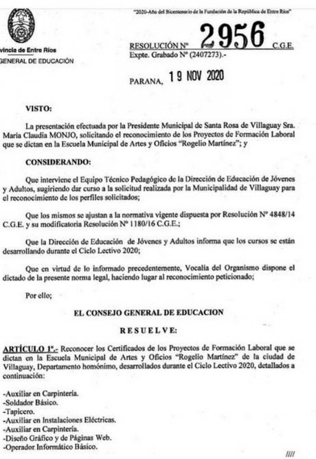 El CGE reconoce proyectos de Formacin Profesional y Laboral de las escuelas municipales Rogelio Martnez y Remedios Escalada