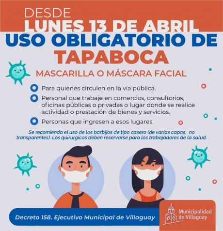Desde el lunes 13 ser obligatorio el uso del barbijo, mascarilla o mascara facial en Villaguay